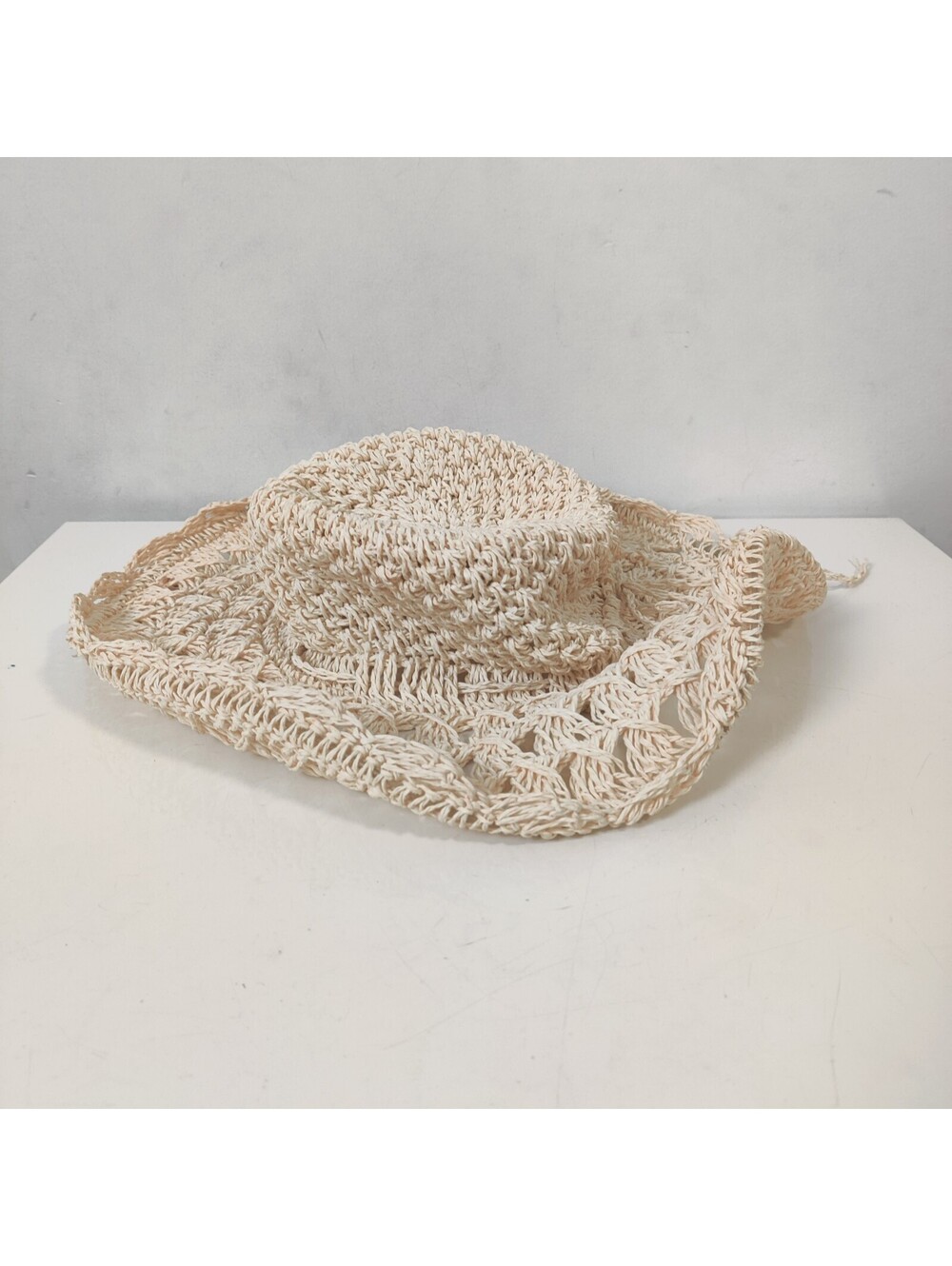 Cream Crochet Raffia Straw Wide Brim Floppy Sun Hat Open Knit OSFM